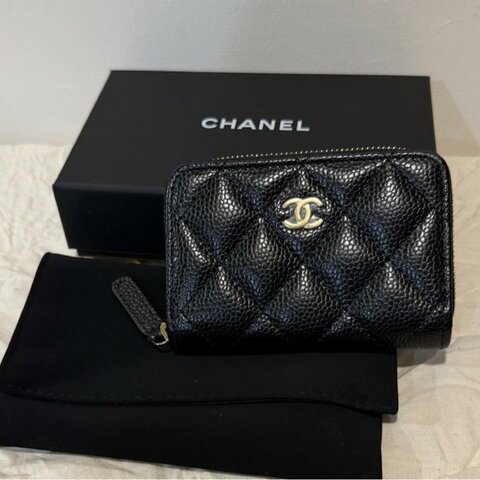 Chanel 經典款拉鍊零錢包 黑色 (荔枝紋牛皮金釦)