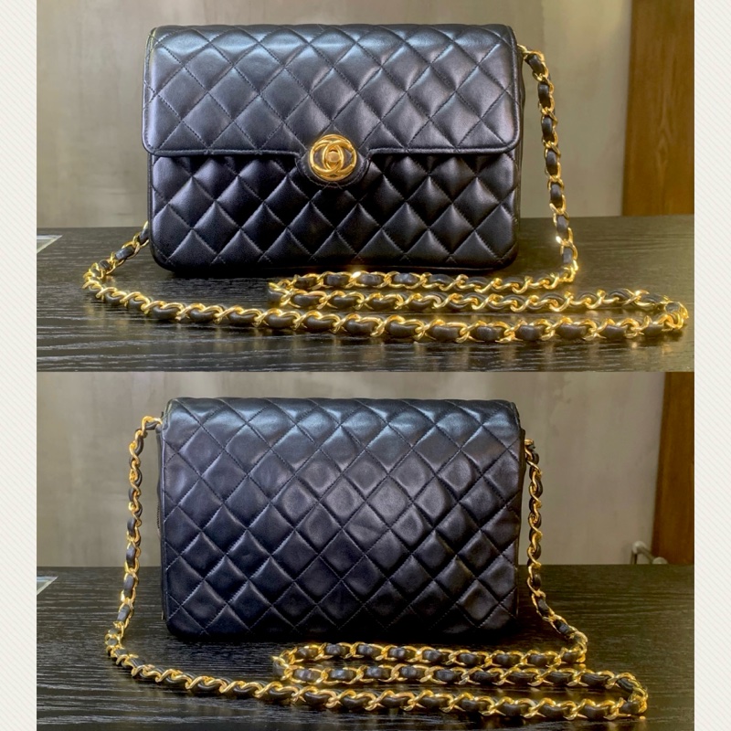 Chanel Vintage 21cm Flap Bag In Black Lambskin Diamond Quilted With 24k CC   中古黑色羊皮經典CC標誌單肩包-1