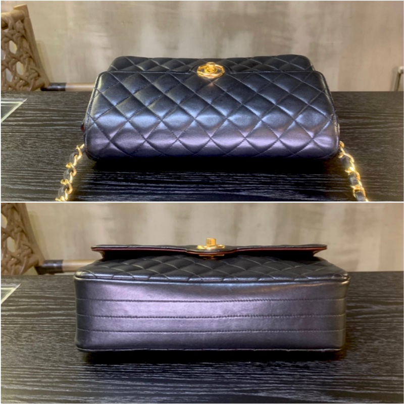Chanel Vintage 21cm Flap Bag In Black Lambskin Diamond Quilted With 24k CC   中古黑色羊皮經典CC標誌單肩包-3