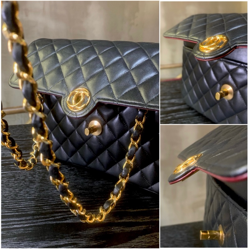 Chanel Vintage 21cm Flap Bag In Black Lambskin Diamond Quilted With 24k CC   中古黑色羊皮經典CC標誌單肩包-4