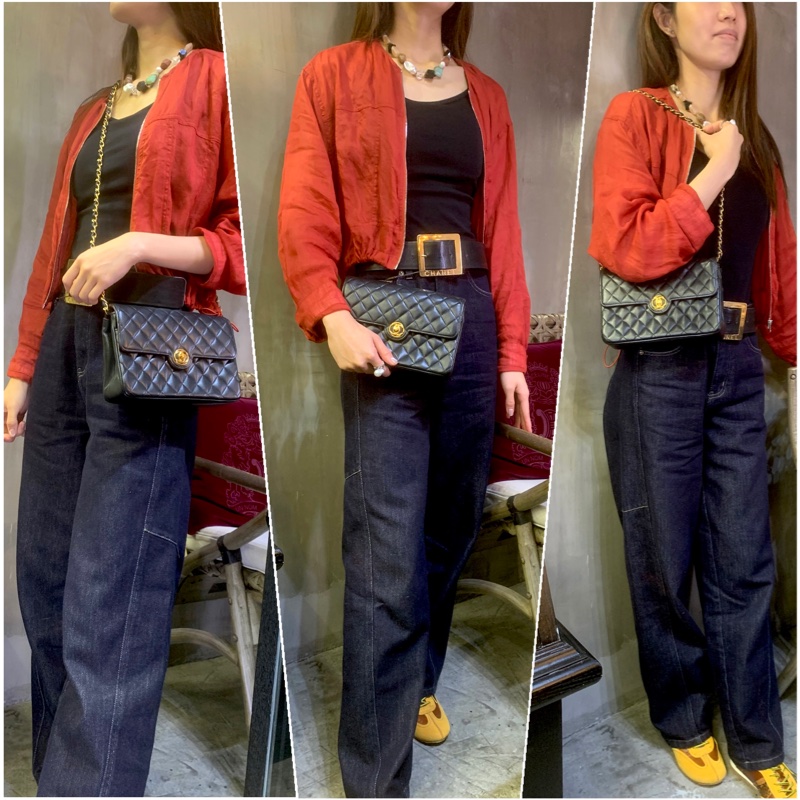Chanel Vintage 21cm Flap Bag In Black Lambskin Diamond Quilted With 24k CC   中古黑色羊皮經典CC標誌單肩包-6