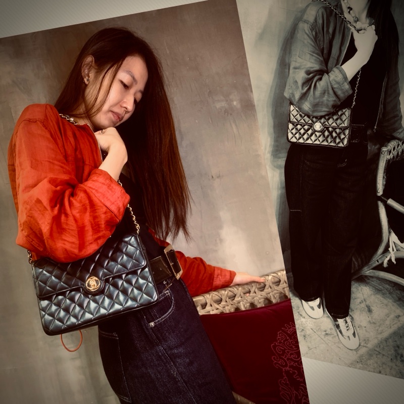 Chanel Vintage 21cm Flap Bag In Black Lambskin Diamond Quilted With 24k CC   中古黑色羊皮經典CC標誌單肩包-7