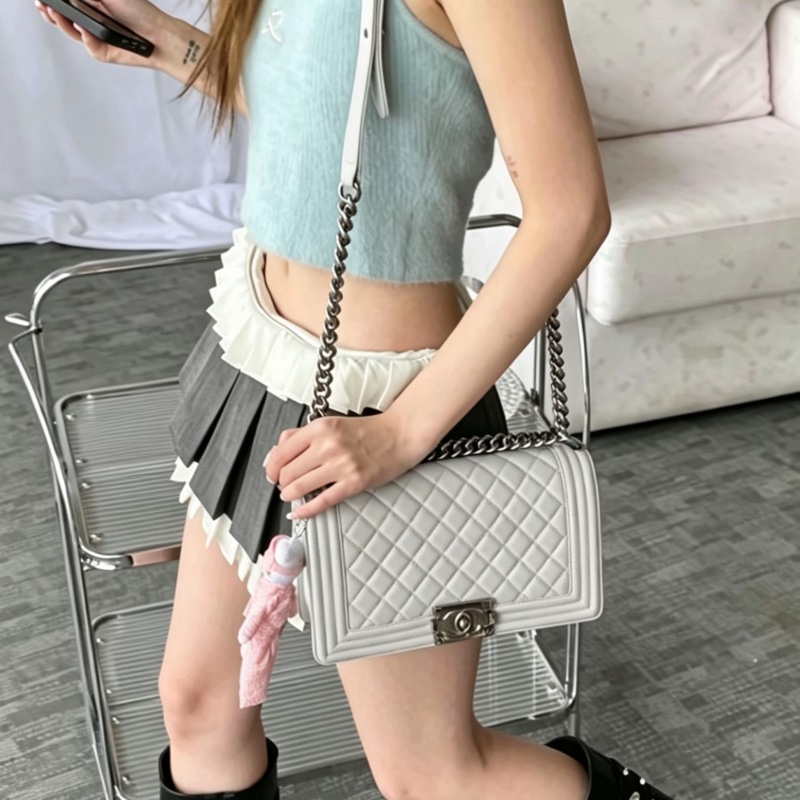 Chanel香奈兒Leboy25中號鼠尾草灰荔枝牛皮全配🈶保 卡🈶購證-4