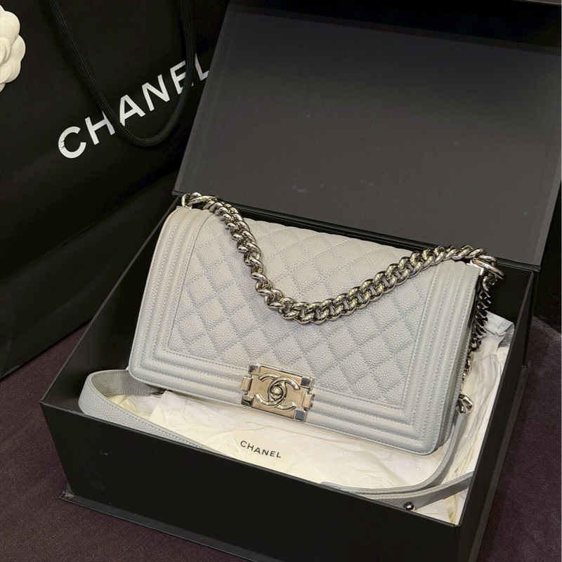 Chanel香奈兒Leboy25中號鼠尾草灰荔枝牛皮全配🈶保 卡🈶購證-11