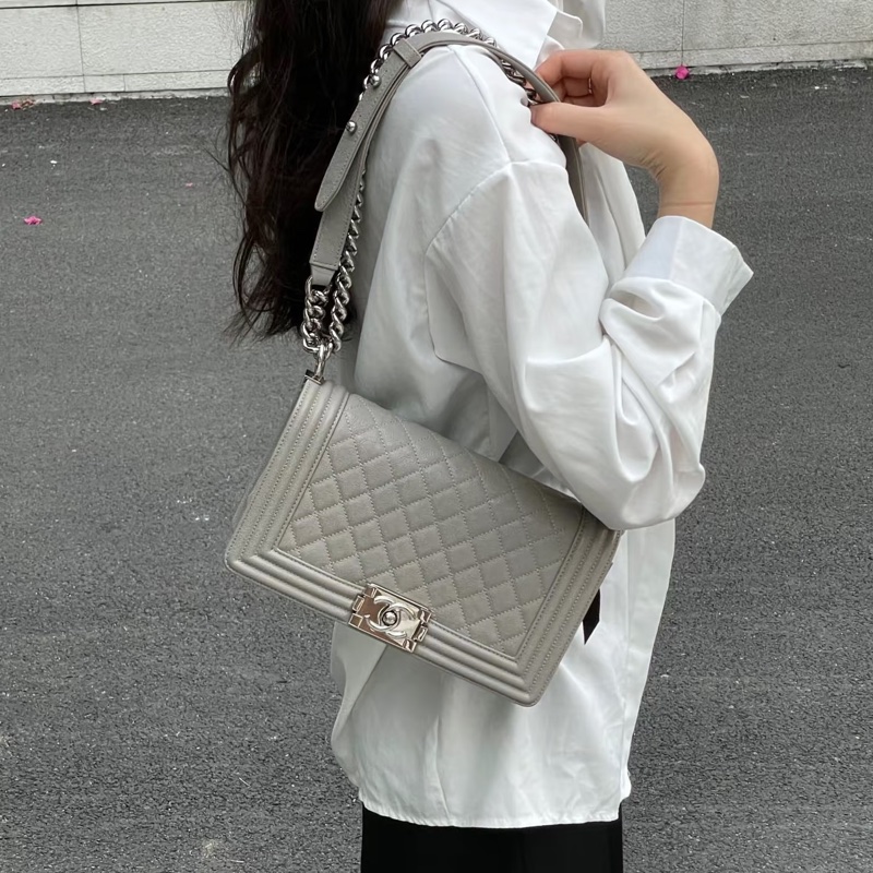 Chanel香奈兒Leboy25中號鼠尾草灰荔枝牛皮全配🈶保 卡🈶購證-30