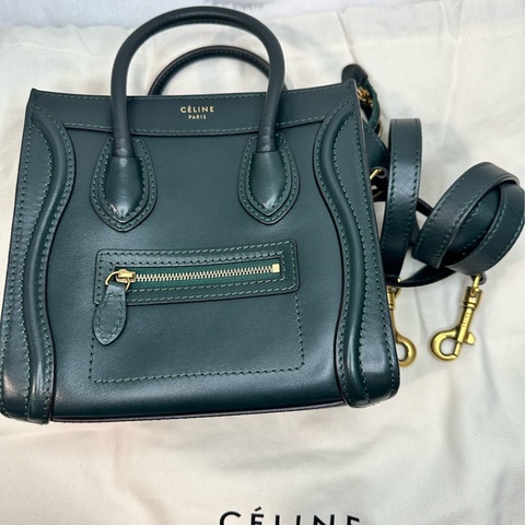 Celine Luggage Nano 深墨綠色光面牛皮兩用包 附肩帶