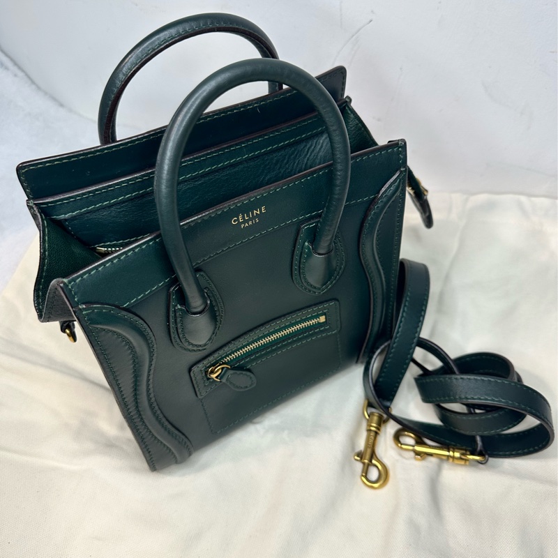 Celine Luggage Nano 深墨綠色光面牛皮兩用包 附肩帶-3