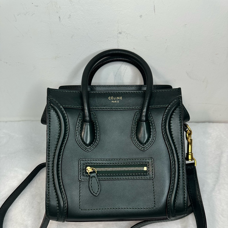 Celine Luggage Nano 深墨綠色光面牛皮兩用包 附肩帶-5