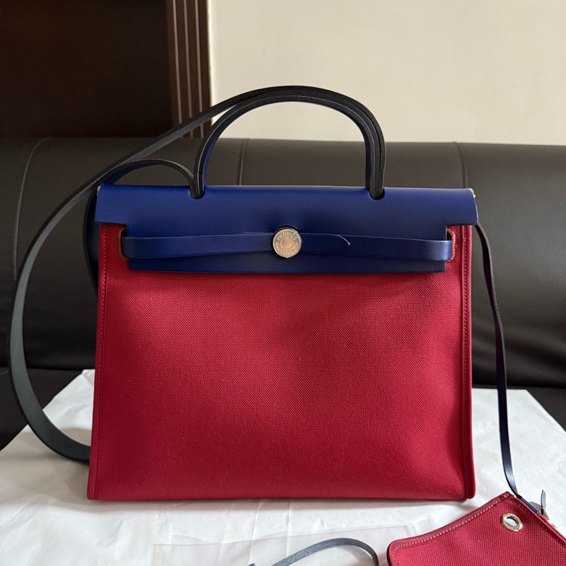 Hermes愛馬仕 Herbag31 銀扣牛皮拼帆布單肩斜挎手提包 31 男女同款情侶款 海軍藍/酒紅色 Y刻 缺鎖和鑰匙-0