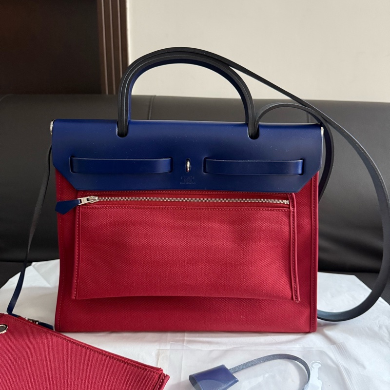 Hermes愛馬仕 Herbag31 銀扣牛皮拼帆布單肩斜挎手提包 31 男女同款情侶款 海軍藍/酒紅色 Y刻 缺鎖和鑰匙-1