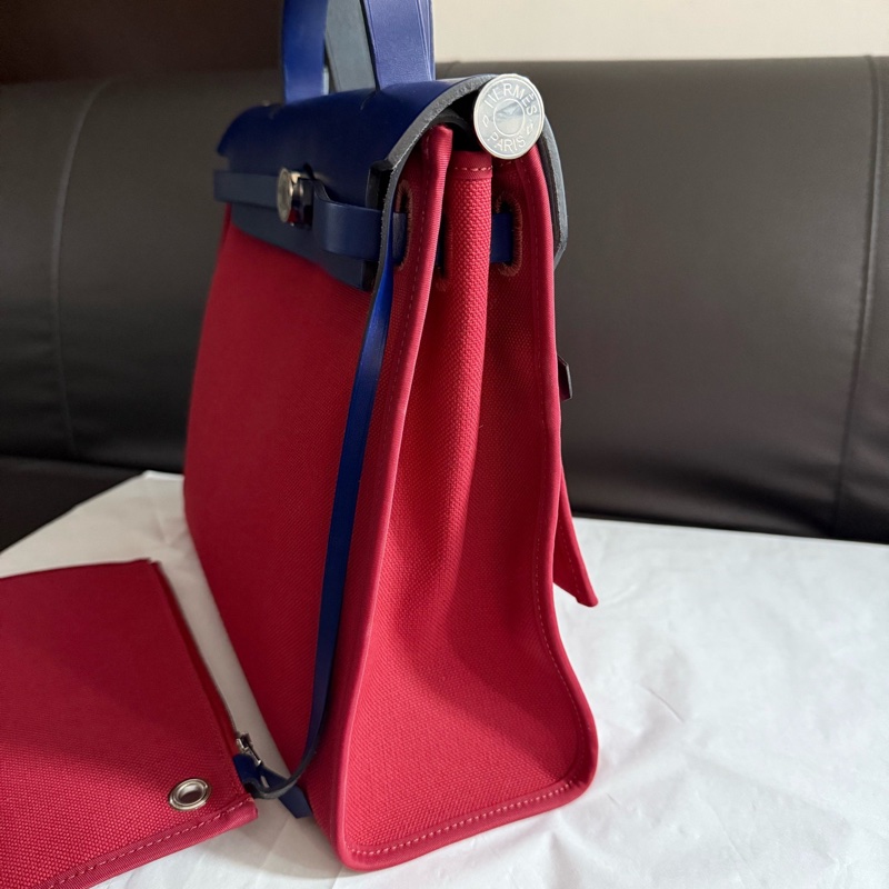 Hermes愛馬仕 Herbag31 銀扣牛皮拼帆布單肩斜挎手提包 31 男女同款情侶款 海軍藍/酒紅色 Y刻 缺鎖和鑰匙-3