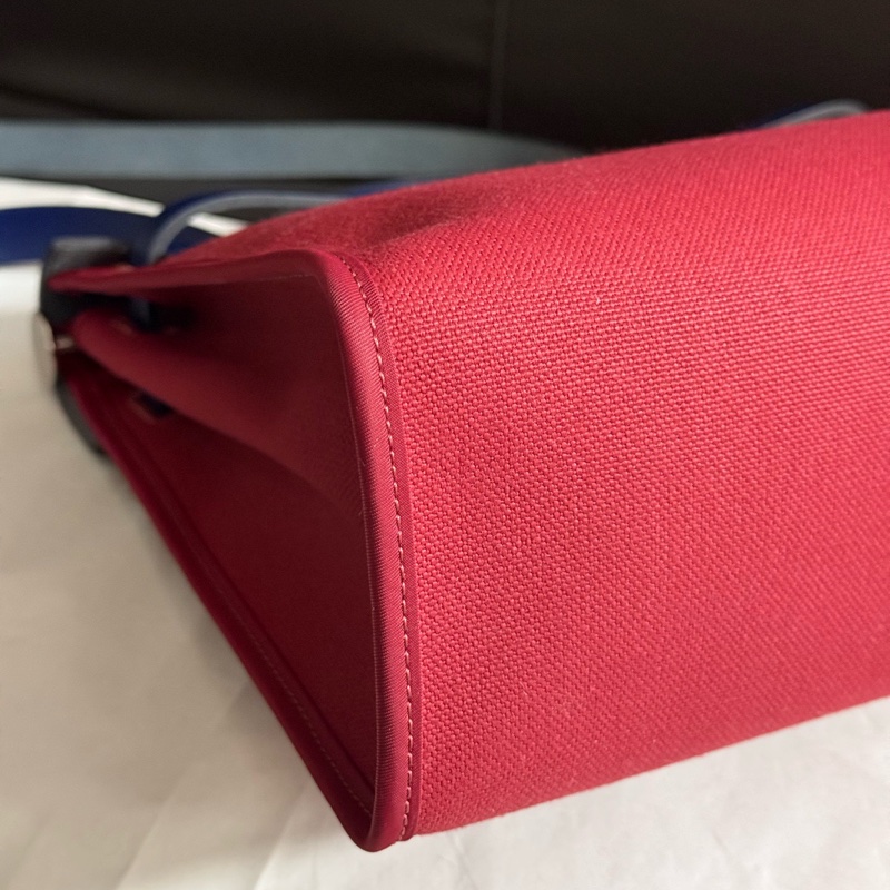 Hermes愛馬仕 Herbag31 銀扣牛皮拼帆布單肩斜挎手提包 31 男女同款情侶款 海軍藍/酒紅色 Y刻 缺鎖和鑰匙-6
