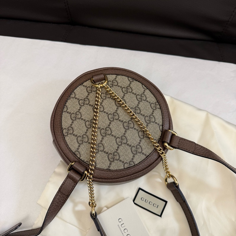 Gucci  老花Ophidia系列紅綠條紋帆布拼皮革圓餅包書包背包雙肩包 尺寸16×4×16-1