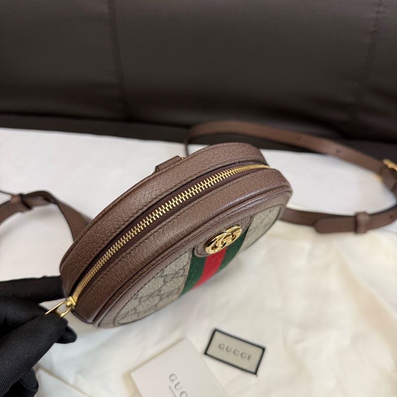 Gucci  老花Ophidia系列紅綠條紋帆布拼皮革圓餅包書包背包雙肩包 尺寸16×4×16-2