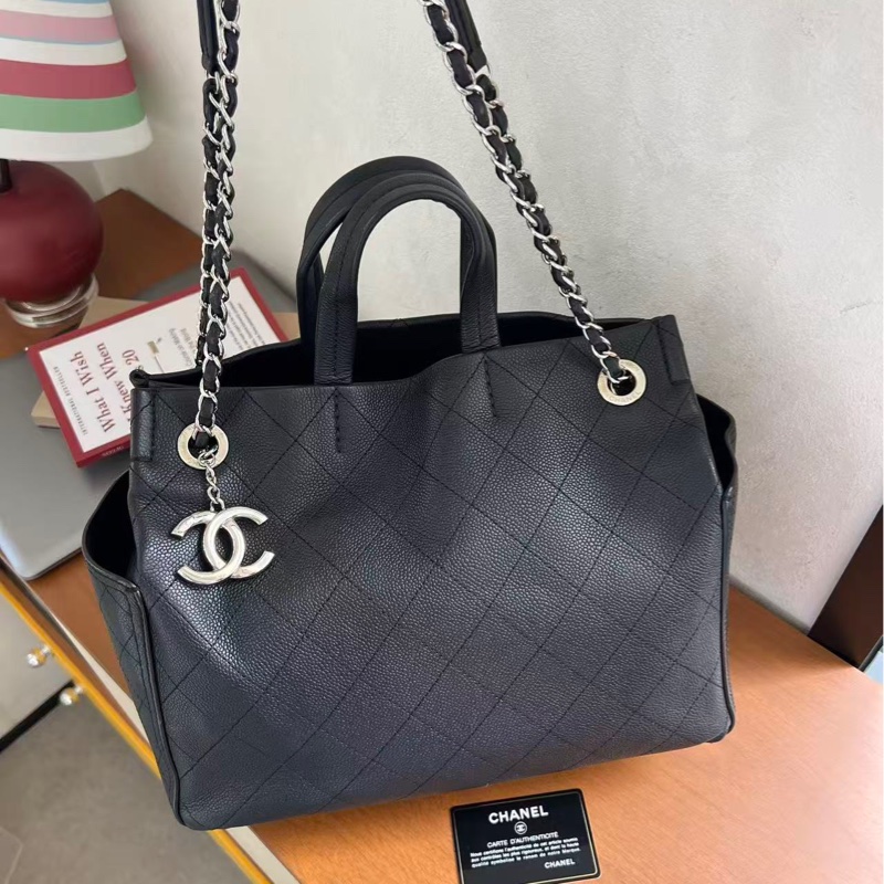 CHANEL 黑色銀扣菱格紋手提托特包 26*24*11 98新配件塵袋-2