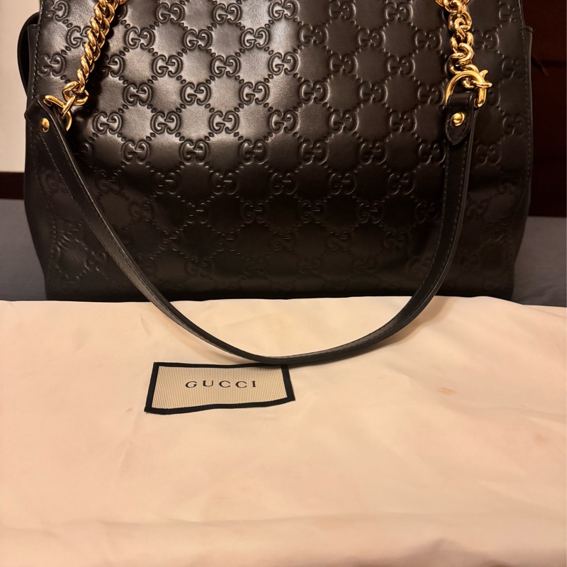 Gucci黑色牛皮老花壓紋鏈條肩背包-6