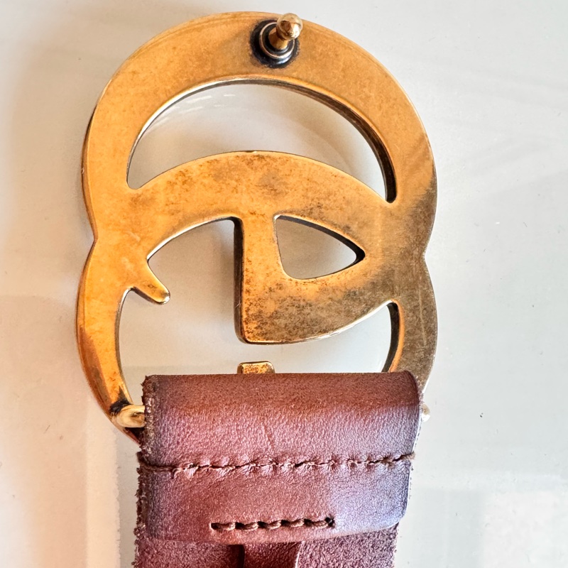 Gucci 仿舊雙G皮帶長85公分寬4公分咖啡色-5