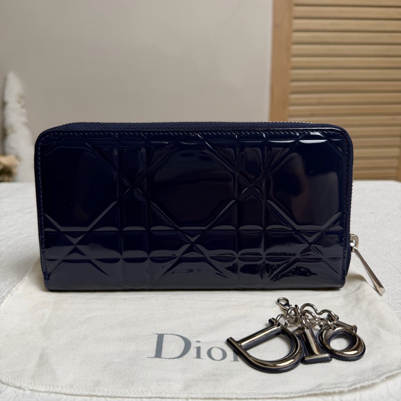 Dior迪奧 藍色 漆皮菱格長款拉鍊 錢包錢夾 配塵袋-0
