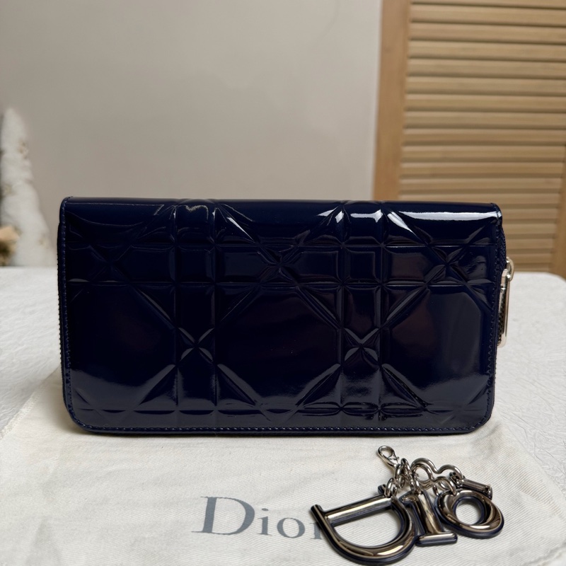 Dior迪奧 藍色 漆皮菱格長款拉鍊 錢包錢夾 配塵袋-1