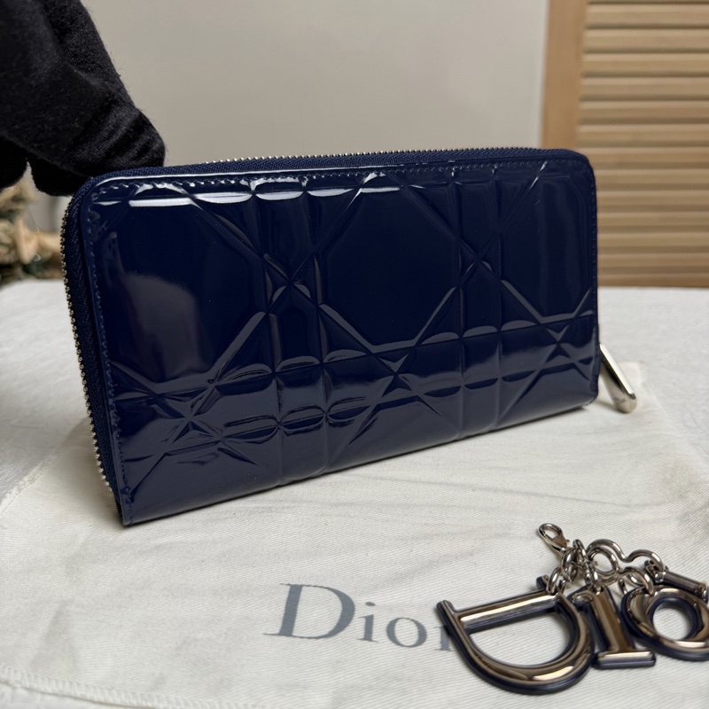 Dior迪奧 藍色 漆皮菱格長款拉鍊 錢包錢夾 配塵袋-2