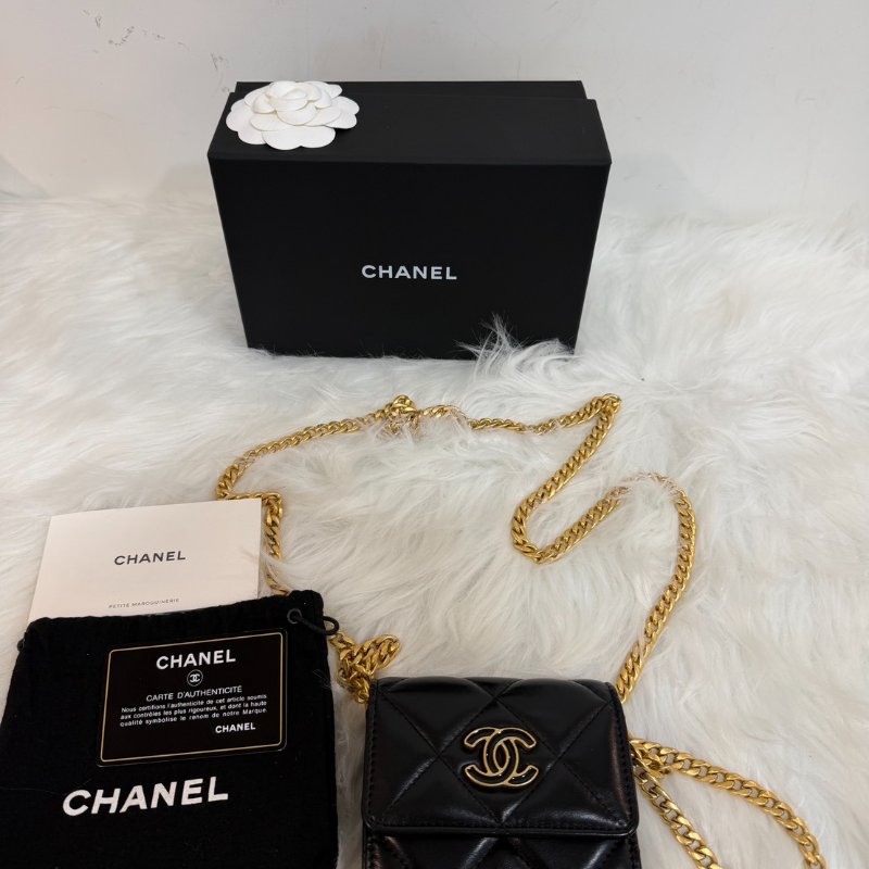 CHANEL 22SS迷你黑色琺琅金扣羊皮鍊條包 99新配件盒子塵袋保卡-1