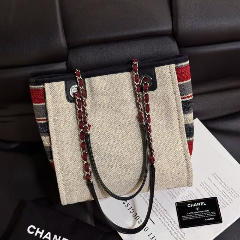 Chanel 帆布條紋 小號沙灘包 拼色海軍風 25*26*10 98新配件塵袋 保卡-8