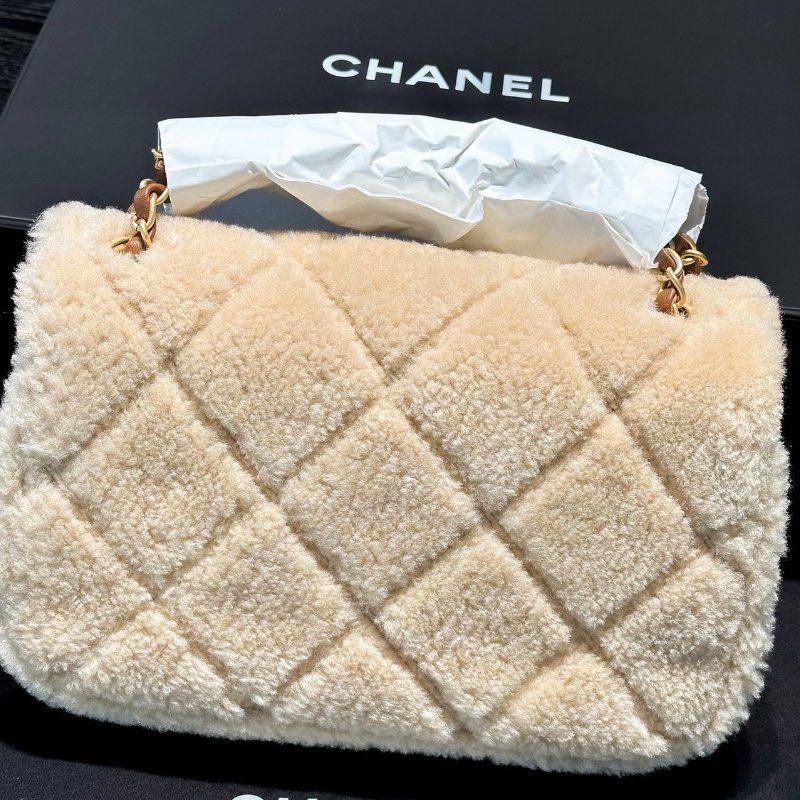Chanel 24K焦糖棕泰迪熊CF泰迪毛 拼皮菱格紋鏈條包芯片款 16*23.5*7.5cm 99新配件盒子 塵袋-8