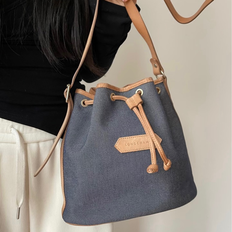 longchamp 丹寧 牛仔 水桶包 斜背包 側背包 肩背包-1