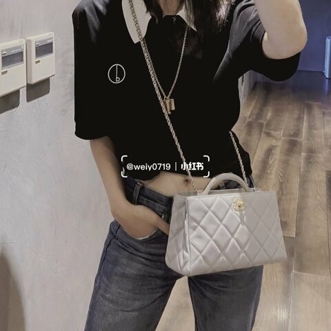 CHANEL 皮穿鏈 菱格 手柄 金屬購物包 衣架包 小羊皮 小號 灰色 23X8X15 98新配件盒子購證塵袋