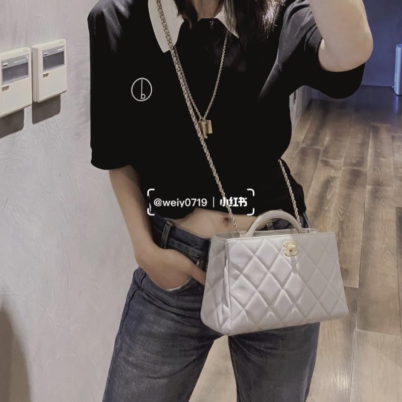 CHANEL 皮穿鏈 菱格 手柄 金屬購物包 衣架包 小羊皮 小號 灰色 23X8X15 98新配件盒子購證塵袋-0