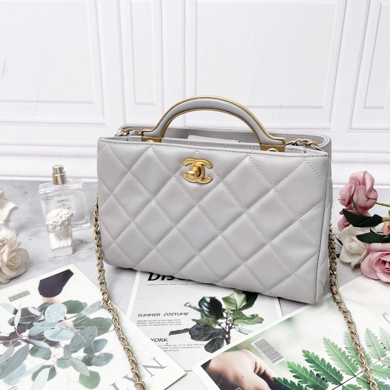 CHANEL 皮穿鏈 菱格 手柄 金屬購物包 衣架包 小羊皮 小號 灰色 23X8X15 98新配件盒子購證塵袋-2