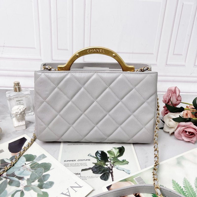 CHANEL 皮穿鏈 菱格 手柄 金屬購物包 衣架包 小羊皮 小號 灰色 23X8X15 98新配件盒子購證塵袋-8