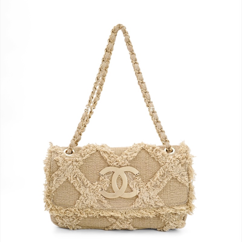 Chanel 2009 米色鉤織帆布翻蓋肩背包-1