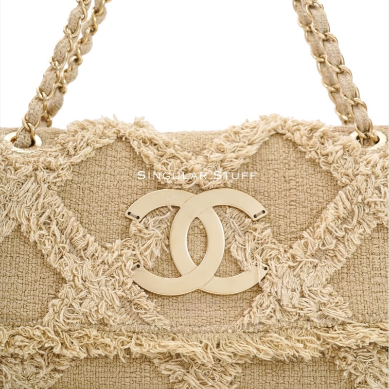 Chanel 2009 米色鉤織帆布翻蓋肩背包-2