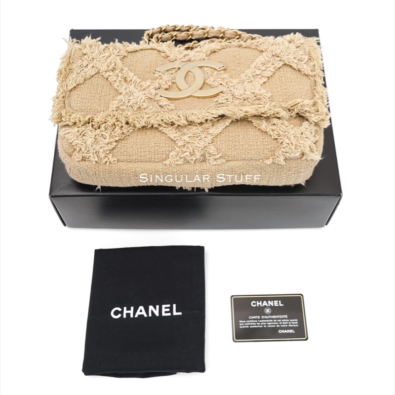 Chanel 2009 米色鉤織帆布翻蓋肩背包-4