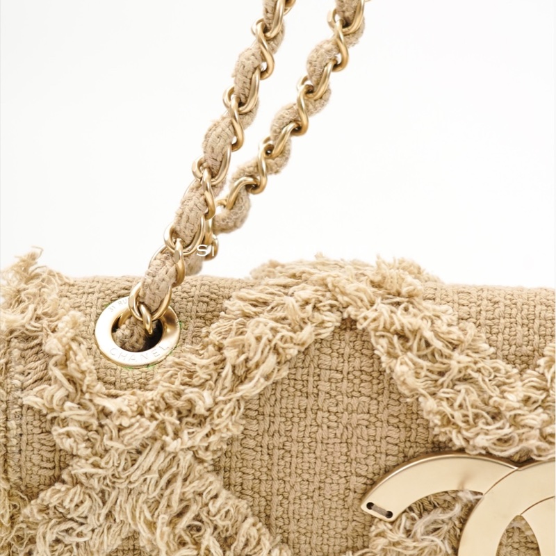 Chanel 2009 米色鉤織帆布翻蓋肩背包-17
