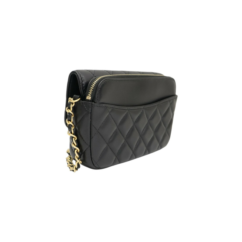 黑色 菱格紋 羊皮 Charm Flap Phone Holder 鍊帶 肩背包【CHANEL 香奈兒】 AP2096-1