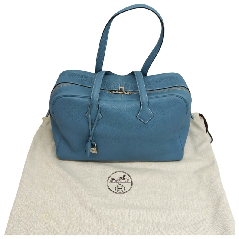 牛仔藍 Clemence牛皮 Victoria 35 手提包 口R刻 銀扣【HERMES 愛馬仕】-12