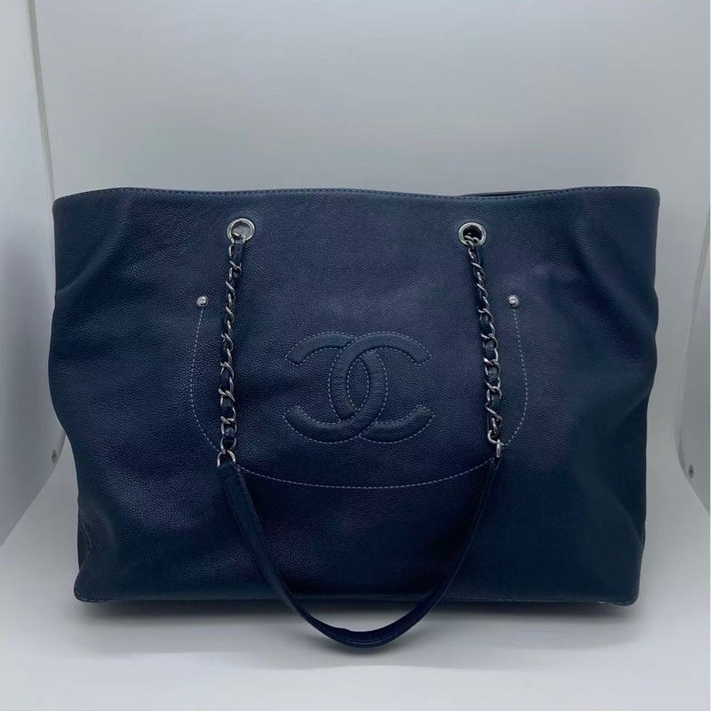 Chanel香奈兒 深藍色 雙C浮雕康鵬 單肩托特包 牛皮 暗銀色五金 尺寸 29*37*15 -2