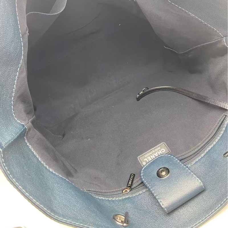 Chanel香奈兒 深藍色 雙C浮雕康鵬 單肩托特包 牛皮 暗銀色五金 尺寸 29*37*15 -4