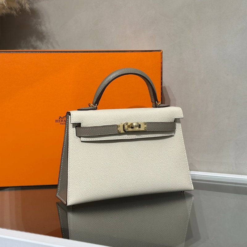HERMES Mini kelly ll - 奶昔白拚大象灰金 W-1