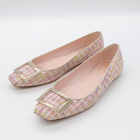 Roger Vivier 粉色織物 金屬釦 穆勒鞋