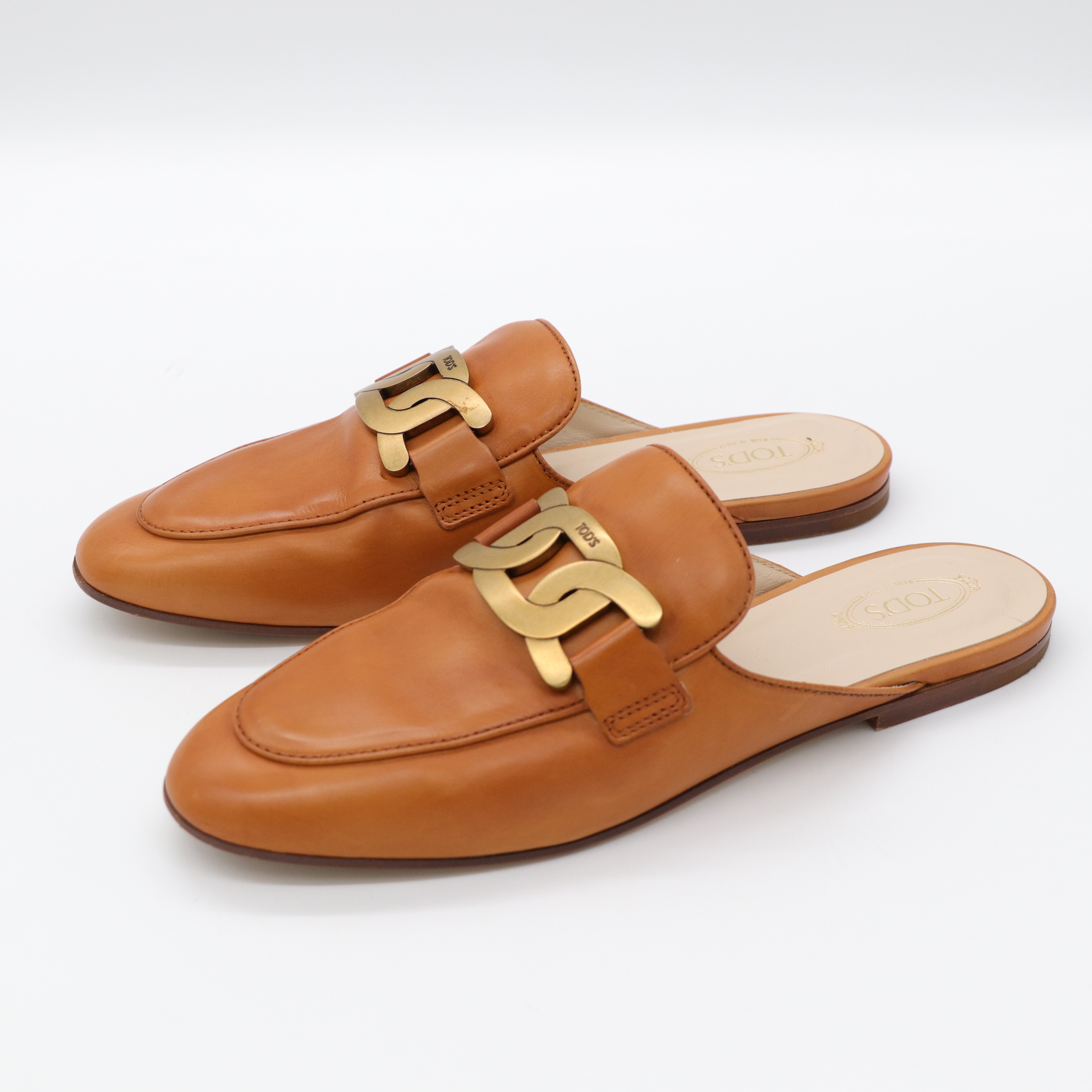 Tod's 焦糖色 牛皮 復古金釦 穆勒鞋-1