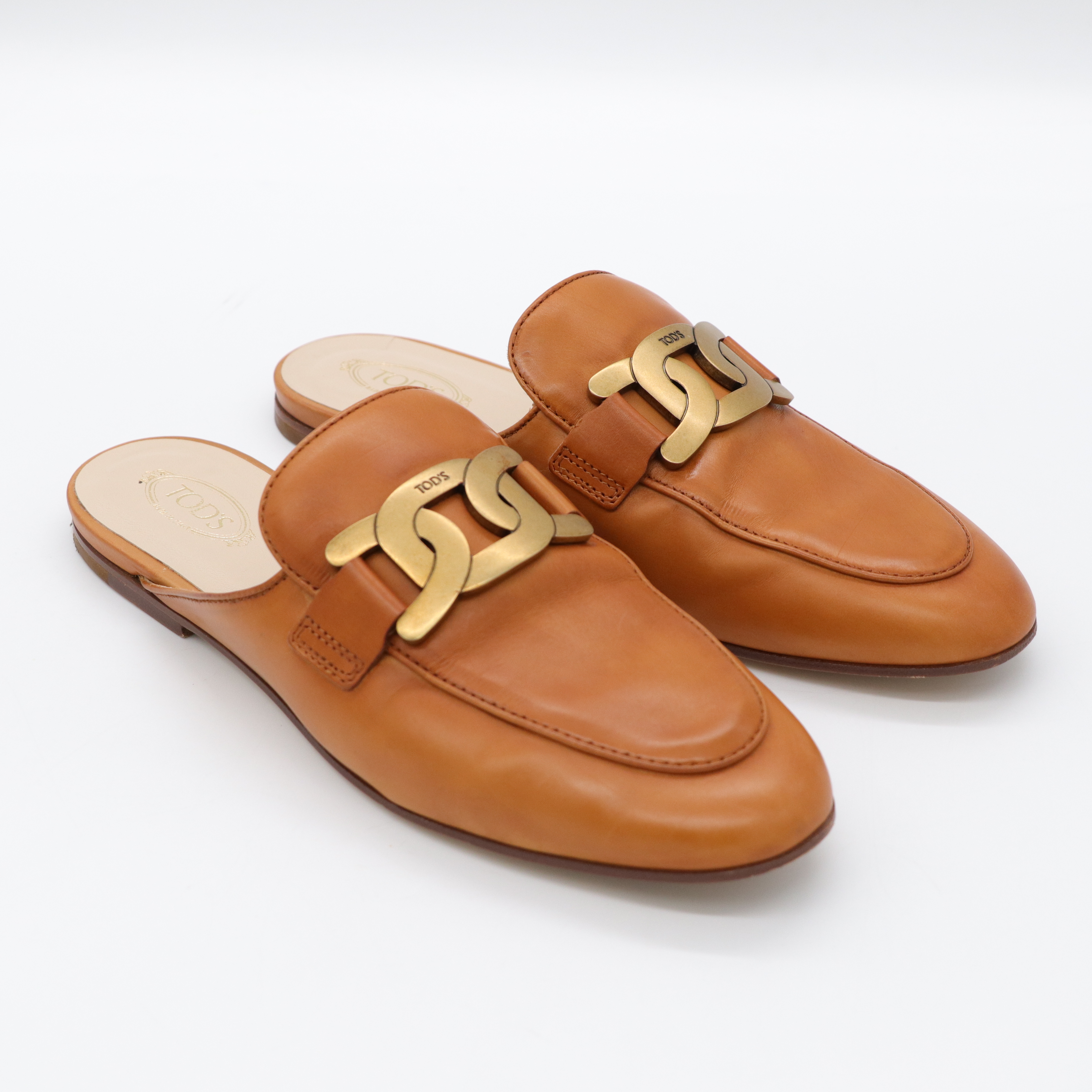 Tod's 焦糖色 牛皮 復古金釦 穆勒鞋-3