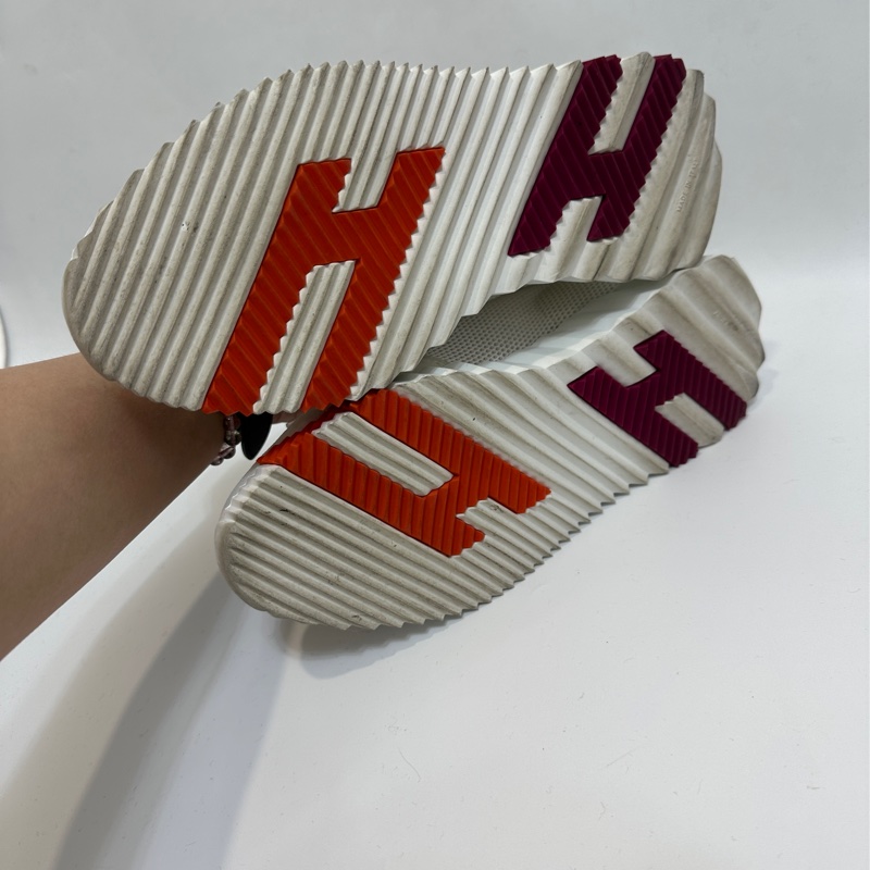 Hermes 白網布麂皮橘 酒紅H橡膠 球鞋-5