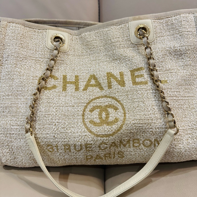 Chanel 香奈兒 奶油白金色 沙灘包/托特包/小號/95新美品-1
