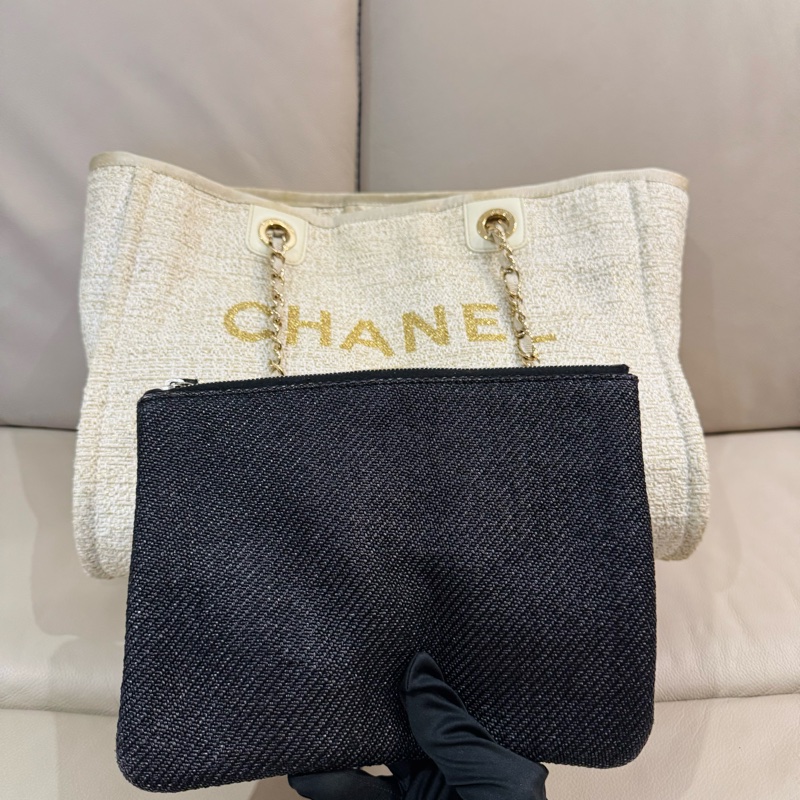 Chanel 香奈兒 奶油白金色 沙灘包/托特包/小號/95新美品-9