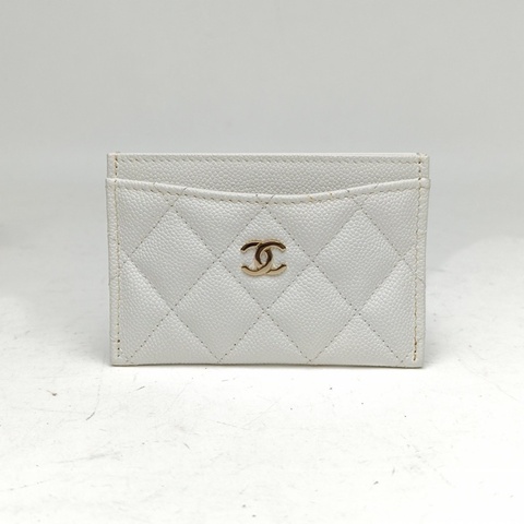 CHANEL 白色荔枝牛皮鐳射標金扣CF敞口卡包