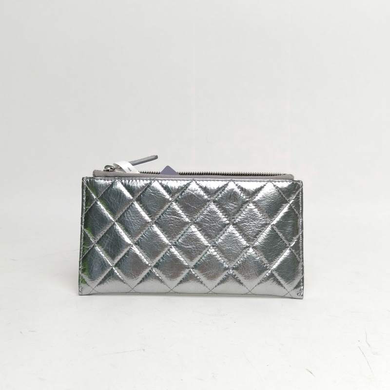 CHANEL 銀色牛皮25開銀扣菱格紋長款錢包-2