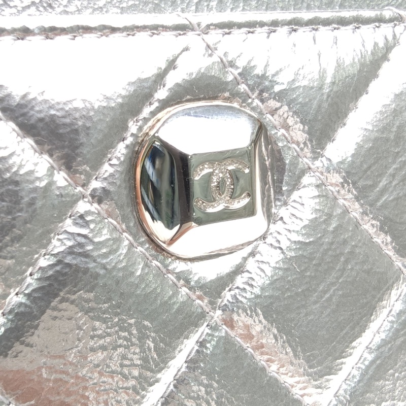 CHANEL 銀色牛皮25開銀扣菱格紋長款錢包-4